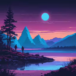 two people standing at the shore of a lake in front of mountains,two people are walking on a island at dusk
