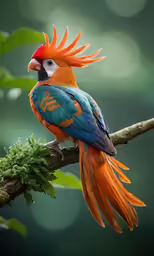 an orange and blue bird with a green branch in the background