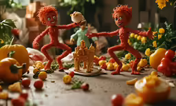 some little figures are playing around fruits and vegetables