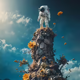 a astronauts suit is perched on top of a rock