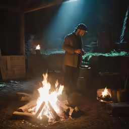 a man stands at a bonfire with a coat over his jacket