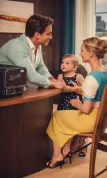 a woman with a child shaking the hands of a man at a counter