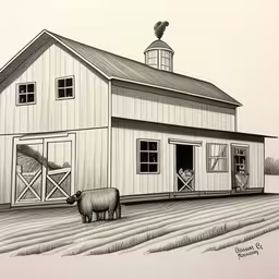 a picture of a sheep standing by a barn,a large white barn sitting next to a horse