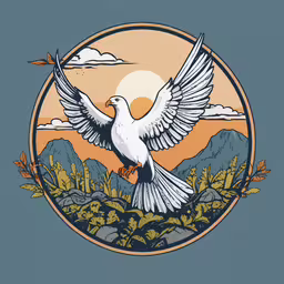 a white dove bird with the sun in the background,a bird flies in the sky near trees and mountains