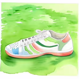a picture of a tennis shoe sitting in a field,a painting of a tennis shoe in grass,a pair of shoes is shown on a grassy field,a watercolor painting of a shoe laying on a bed of green grass,a sneaker sitting on the ground in the grass