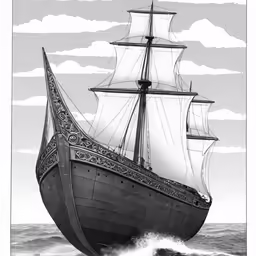a drawing of a large sailboat in rough waves