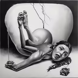 a woman laying on top of a table next to a knife