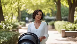 a woman in white dress walking with a baby carriage