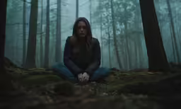 a woman with long hair is in a forest sitting on the ground