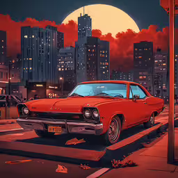 a red car parked in the middle of a street,a car that is on a street with buildings in the background