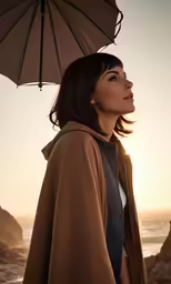 a woman holds an umbrella and looks into the sky at the water