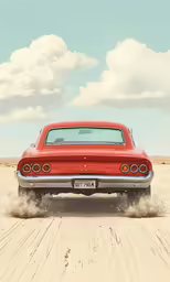 the old red car is driving on the sand