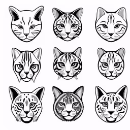 six different cats heads with their mouths open,a set of six wild cats with different facial expressions