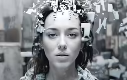 a young lady with her hair flying over her head