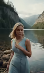 a woman wearing a blue dress near a lake