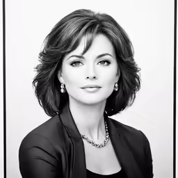 a woman wearing a black shirt and jacket posing for a black and white photo