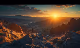 man standing on mountain cliff watching sun set