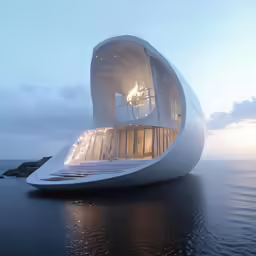 an unusual building sits on the edge of the water