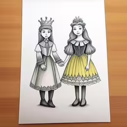 two girls holding hands wearing a crown and dresses,two card
