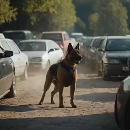 a dog is standing in the middle of traffic
