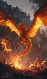 an orange dragon flying over a field next to a forest