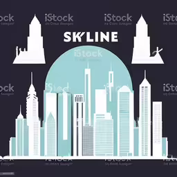 a stylized skyline in silhouette of skyscrapers,a city skyline with skyscrapers in silhouette on blue background