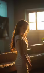 woman in white dress standing at room during daytime