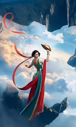 the young woman is dressed in a beautiful dress and holds a staff