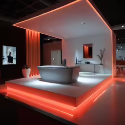 there is a tub in the middle of a bathroom