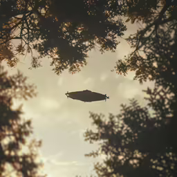 the airplane is floating across the picture with trees nearby