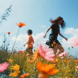 a girl in a field with a dog running around
