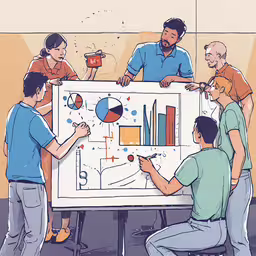 four people around a table looking at a white board,people in blue shirts and grey pants are standing around a chart with two men pointing at it
