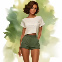 a woman in shorts and cropped top stands