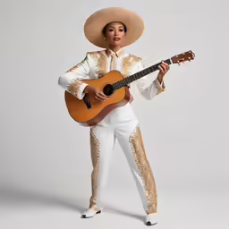 woman wearing white with white and gold patterned suit and cowboy hat and holding guitar