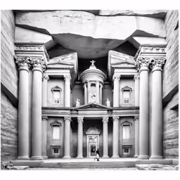 people walk in front of a large building with pillars