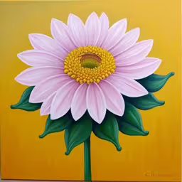 a white flower on a yellow background painted by acrylic,a pink flower with leaves on the stem