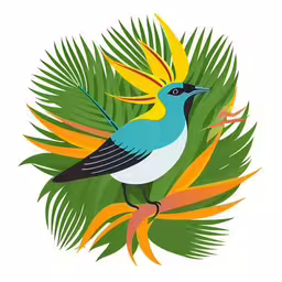 a colorful bird sitting on a tree branch,a colorful bird sitting on a branch surrounded by tropical leaves
