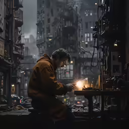 a man in the city lights an electric item