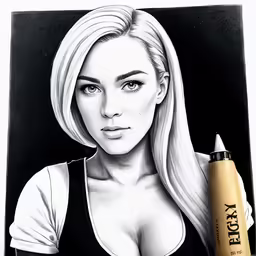 a drawing of a woman with long blonde hair holding a bottle of liquid