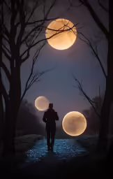 a man is standing in the park with two lights on his face