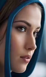 a woman with blue scarf around her head