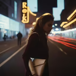 a woman holding a cell phone standing on the side of a street