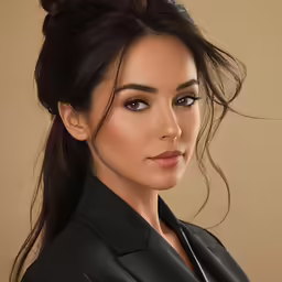 the woman is wearing a black jacket and has long dark hair