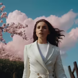 a woman in white is standing near the blossom trees