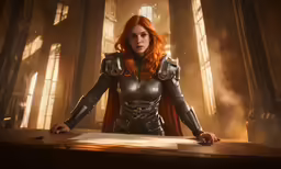 a woman dressed in a leather armor and holding an axe
