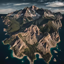an aerial view of mountains, lakes and lakes
