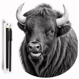 a long horn buffalo drawing in a circle with two black and white pens