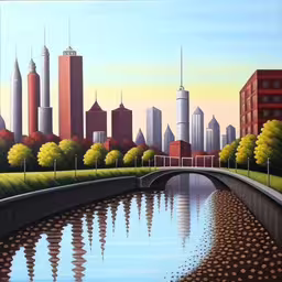 an image of a painting of the city and its reflection