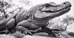 an image of a black and white of a large crocodile
