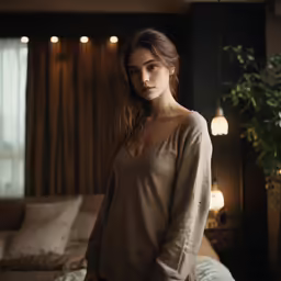 a woman standing in front of a bed